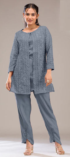 Black and Grey color Co-ords Set in Georgette fabric with Embroidered, Thread work