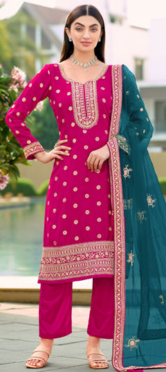 Pink and Majenta color Salwar Kameez in Viscose fabric with Embroidered, Thread work