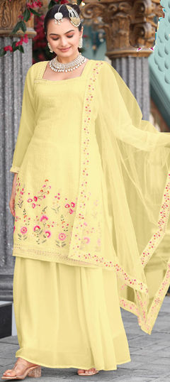 Yellow color Long Lehenga Choli in Georgette fabric with Embroidered, Sequence work