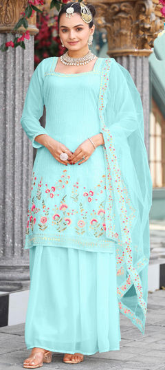 Blue color Long Lehenga Choli in Georgette fabric with Embroidered, Sequence work