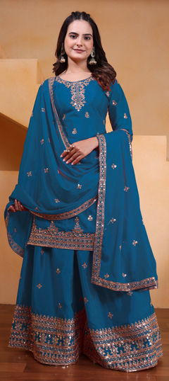Blue color Salwar Kameez in Chinon Silk fabric with Embroidered, Sequence work