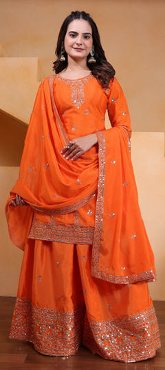Orange color Salwar Kameez in Chinon Silk fabric with Embroidered, Sequence work