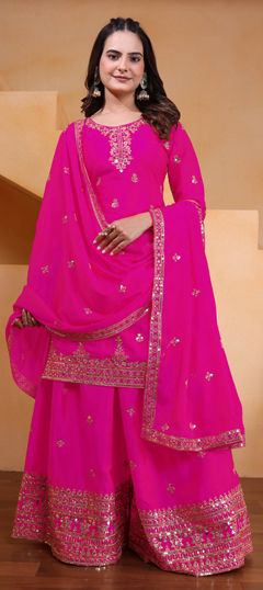 Pink and Majenta color Salwar Kameez in Chinon Silk fabric with Embroidered, Sequence work
