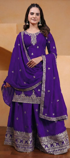 Purple and Violet color Salwar Kameez in Chinon Silk fabric with Embroidered, Sequence work