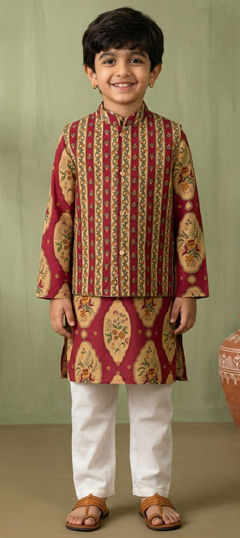 Beige and Brown, Red and Maroon color Boys Kurta Pyjama with Jacket in Cotton fabric with Floral, Printed work