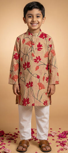 Beige and Brown, Pink and Majenta color Boys Kurta Pyjama in Cotton fabric with Floral, Printed work