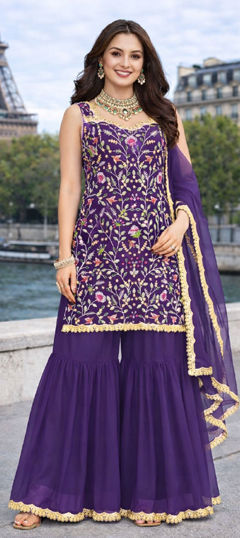 Purple and Violet color Salwar Kameez in Georgette fabric with Embroidered, Thread work