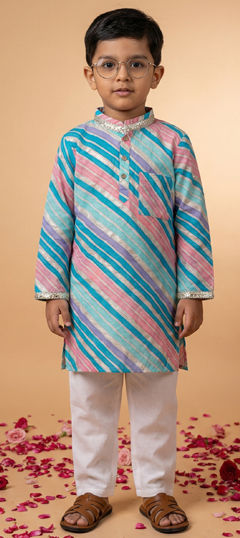 Blue, Pink and Majenta color Boys Kurta Pyjama in Cotton fabric with Lace, Lehariya, Printed work