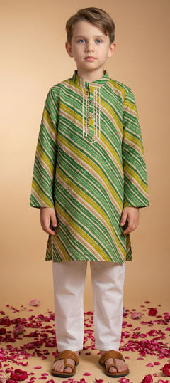 Green color Boys Kurta Pyjama in Cotton fabric with Lace, Lehariya, Printed work