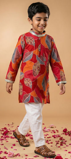 Pink and Majenta color Boys Kurta Pyjama in Cotton fabric with Lace, Printed work