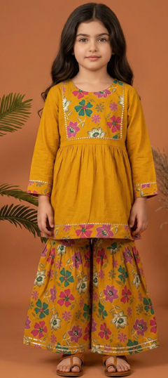 Yellow color Girls Top with Bottom in Cotton fabric with Floral, Gota Patti, Lace, Printed work