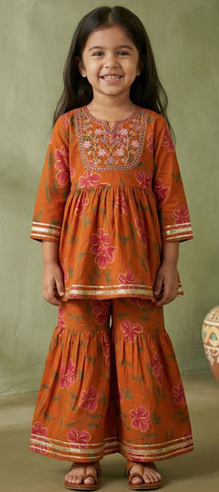 Beige and Brown color Girls Top with Bottom in Cotton fabric with Floral, Gota Patti, Mirror, Printed work