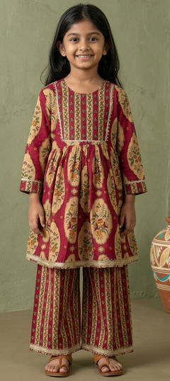 Beige and Brown, Red and Maroon color Girls Top with Bottom in Cotton fabric with Floral, Gota Patti, Lace, Printed work