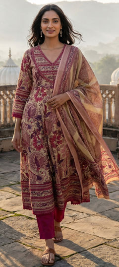 Pink and Majenta color Salwar Kameez in Cotton fabric with Lace, Printed, Sequence work