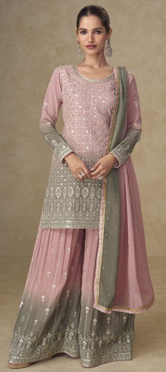 Pink and Majenta color Salwar Kameez in Georgette fabric with Embroidered, Sequence, Thread work