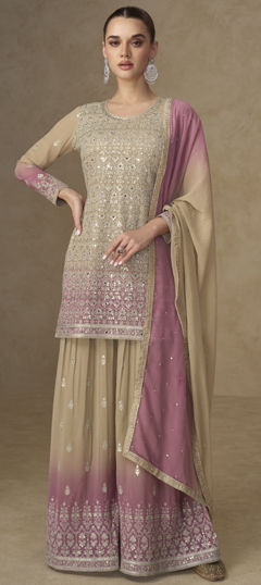Beige and Brown color Salwar Kameez in Georgette fabric with Embroidered, Sequence, Thread work