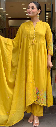 Yellow color Salwar Kameez in Chanderi Silk fabric with Embroidered work