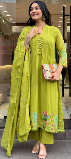 Green color Salwar Kameez in Chanderi Silk fabric with Embroidered work