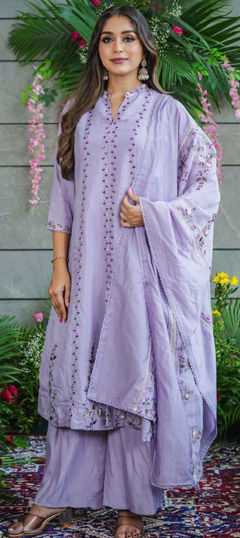 Purple and Violet color Salwar Kameez in Cotton, Muslin fabric with Embroidered work
