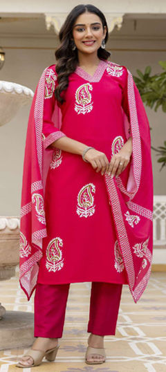 Pink and Majenta color Salwar Kameez in Rayon fabric with Printed work