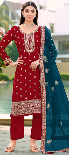 Pink and Majenta color Salwar Kameez in Jacquard, Viscose fabric with Embroidered, Weaving work