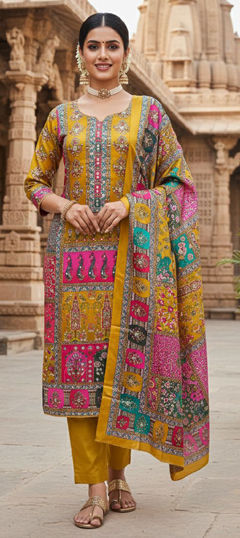 Yellow color Salwar Kameez in Chinon Silk fabric with Printed work