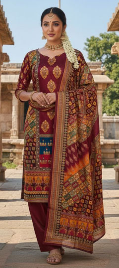 Red and Maroon color Salwar Kameez in Chinon Silk fabric with Printed work