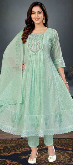 Green color Salwar Kameez in Cotton fabric with Embroidered, Sequence work