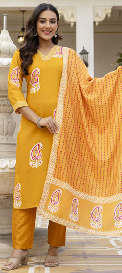 Yellow color Salwar Kameez in Rayon fabric with Printed work