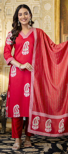 Red and Maroon color Salwar Kameez in Rayon fabric with Printed work