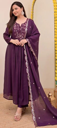 Purple and Violet color Salwar Kameez in Chanderi Silk fabric with Embroidered work