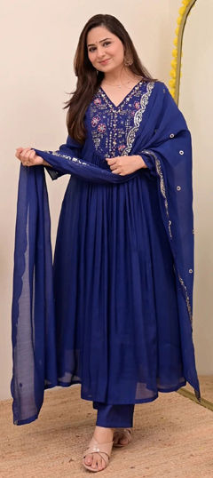 Blue color Salwar Kameez in Chanderi Silk fabric with Embroidered work