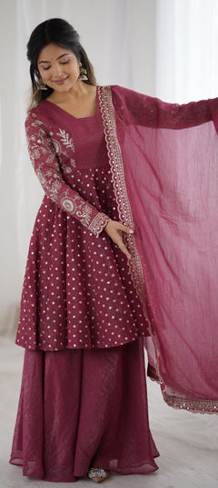 Pink and Majenta color Salwar Kameez in Crushed Silk fabric with Embroidered, Sequence, Thread, Zari work