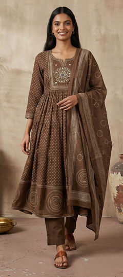 Beige and Brown color Dress in Cotton fabric with Bugle Beads, Mirror, Printed, Sequence work