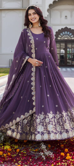 Purple and Violet color Gown in Faux Georgette fabric with Embroidered, Sequence, Thread work