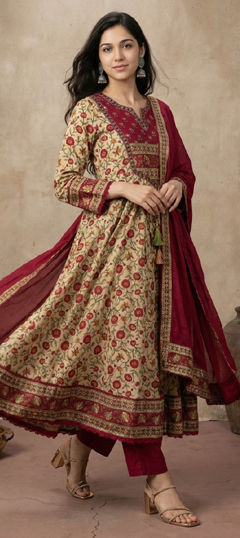 Beige and Brown, Pink and Majenta color Dress in Cotton fabric with Bugle Beads, Cut Dana, Floral, Printed, Sequence work