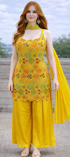 Yellow color Salwar Kameez in Chinon Silk fabric with Embroidered, Thread work