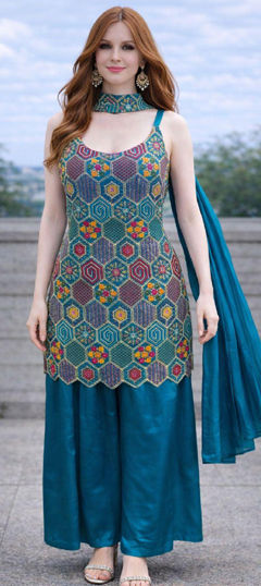 Blue color Salwar Kameez in Chinon Silk fabric with Embroidered, Thread work
