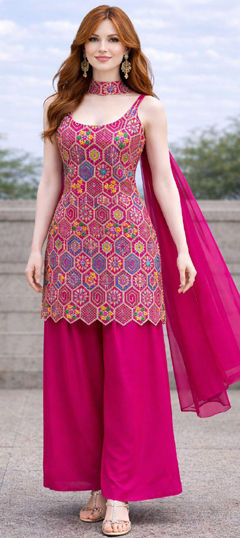 Pink and Majenta color Salwar Kameez in Chinon Silk fabric with Embroidered, Thread work