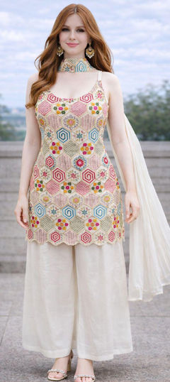 White and Off White color Salwar Kameez in Chinon Silk fabric with Embroidered, Thread work