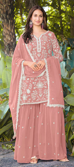 Pink and Majenta color Salwar Kameez in Georgette fabric with Embroidered, Sequence, Thread work