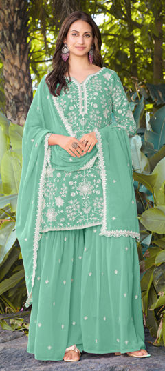 Blue color Salwar Kameez in Georgette fabric with Embroidered, Sequence, Thread work