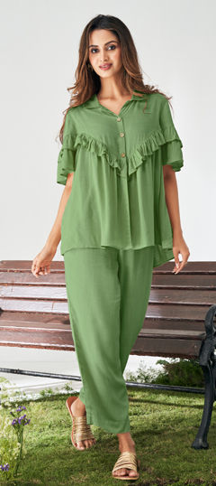 Green color Co-ords Set in Rayon, Viscose fabric with Thread work