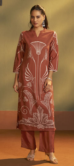 Beige and Brown color Salwar Kameez in Rayon fabric with Printed work