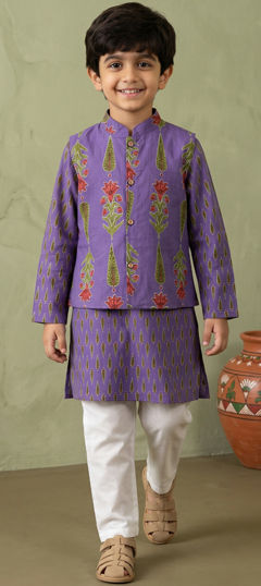 Blue color Boys Kurta Pyjama with Jacket in Cotton fabric with Floral, Printed work