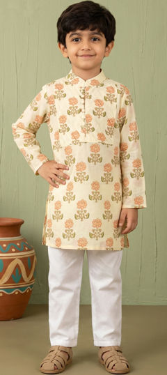 White and Off White color Boys Kurta Pyjama in Cotton fabric with Floral, Printed work