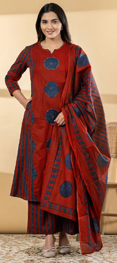 Blue, Red and Maroon color Salwar Kameez in Cotton fabric with Embroidered, Mirror, Printed, Resham, Thread work