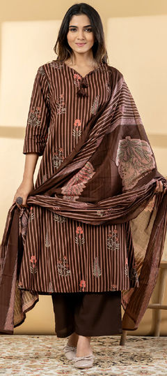 Beige and Brown color Salwar Kameez in Cotton fabric with Floral, Printed, Sequence, Thread work