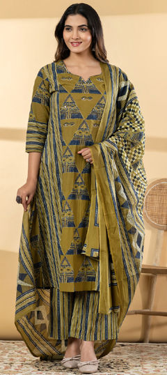 Blue, Green color Salwar Kameez in Cotton fabric with Mirror, Printed, Sequence, Thread work