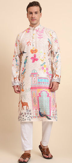 Beige and Brown color Kurta Pyjamas in Cotton fabric with Floral, Printed work